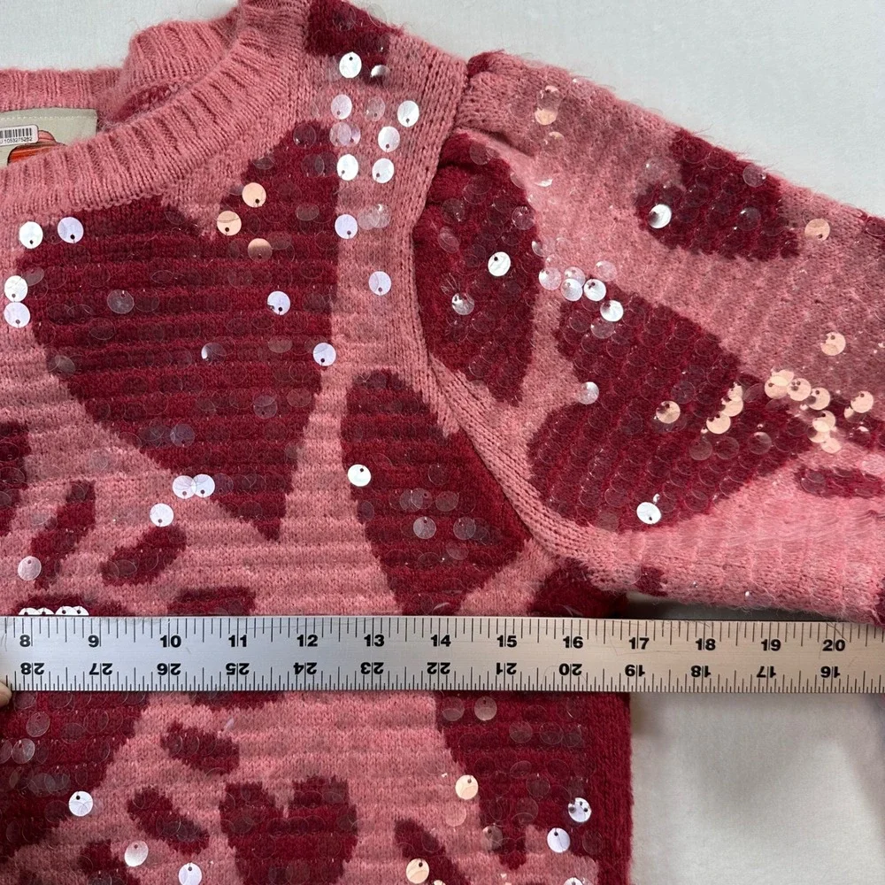 Farm Rio Sequin Hearts Knit‎ Sweater Small Pink Red Wool Blend Love Puff Sleeves